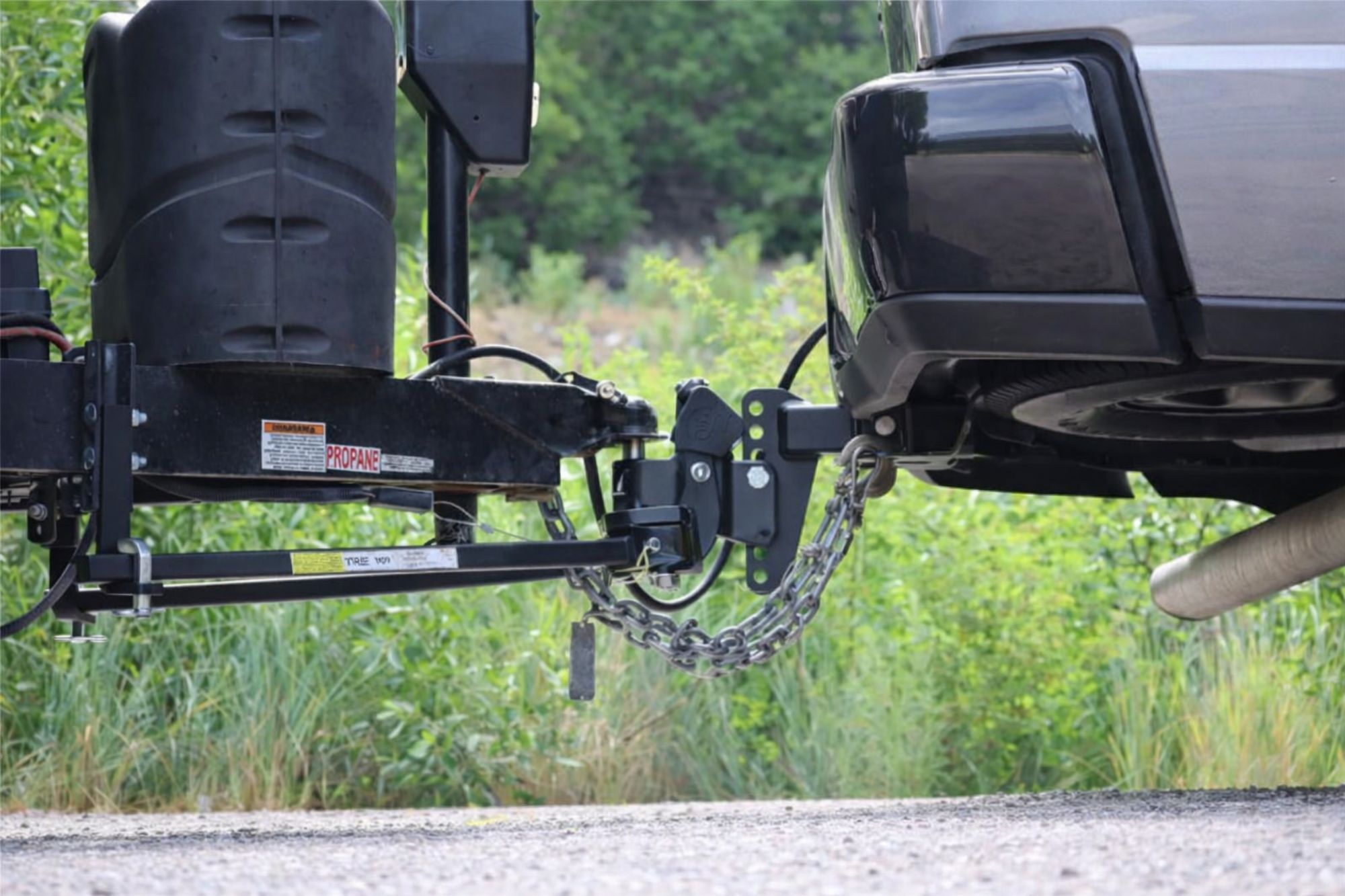 RV towing setup with sway control and weight distribution hitch